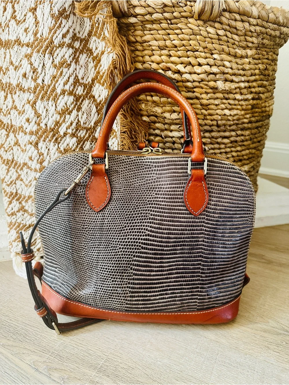 Dooney & Bourke Gray Lizard-Embossed Satchel with Brown Trim and Matching Wallet